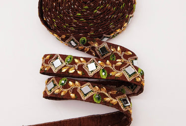 Brown Silk Trim With Mirrors Embellishments and Floral Embroidery, Approx. 26mm Wide, Decorative Trim Costume Trim Fashion Trim By Yard